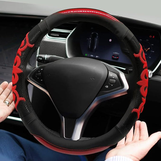 Sport Style Black Leather Steering Wheel Cover with Red Lucky-Cloud-Design Grip Steering Wheel Accessory,Universal Fit 14.5-15.25 inch Steering Wheel