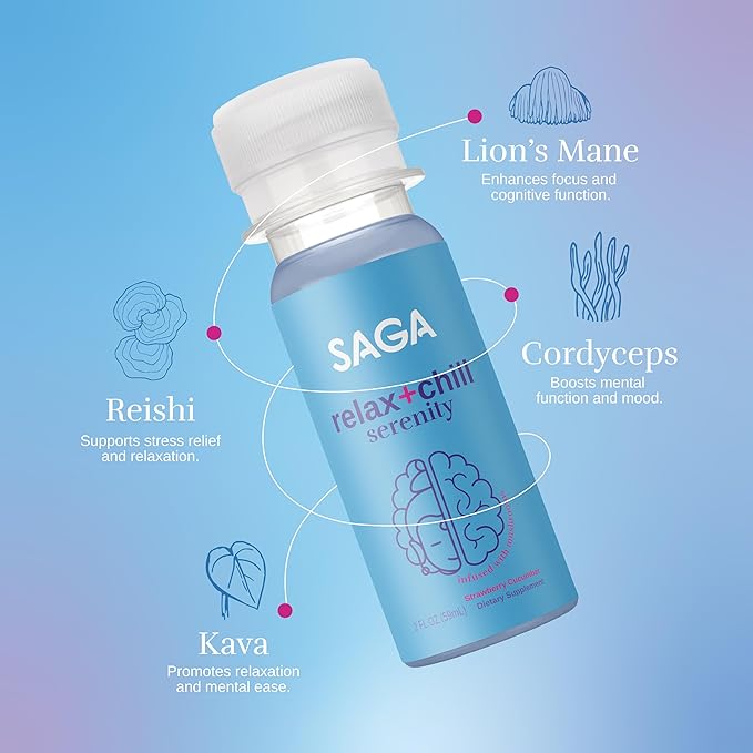 SAGA Organic Relaxation Shots | Contains Adaptogens & Mushrooms - Lion's Mane & Kava | High Bioavailability & Fast Onset | Elevate Mood & Reduce Fatigue | Strawberry Cucumber 2oz Shots (12-Pack)