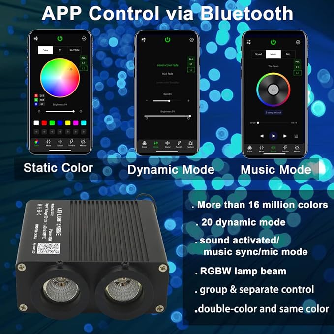 AZIMOM Dual Color 32W 400pcs Fiber Optic Starlight Headliner Kits 0.03in 9.8ft Fiber Strands Sound-Activated APP/Bluetooth Remote Control Home Car Star Ceiling Roof Decor