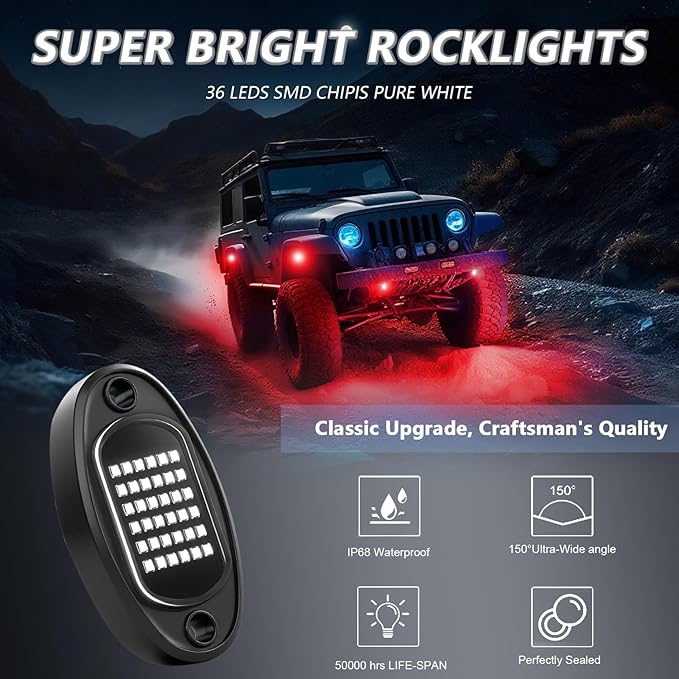 GSRECY Rock Lights Ultra Bright LED Neon Underglow Lights Waterproof for Trucks Pickup SUV UTV ATV RZR Car Boats Motorcycle (Red, 16 Pods+ 33ft Wire Harness)