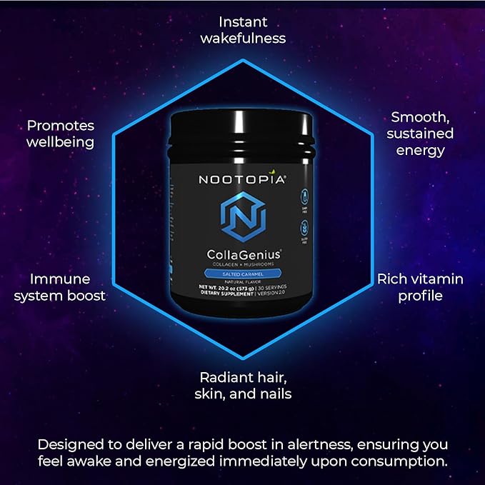 Collagenius v 2.0 - Blended Powder of 4 Mushrooms, Collagen & Superfoods - Brain Supplement Supports Focus, Memory, Hair, Skin - Salted Caramel 30 Servings