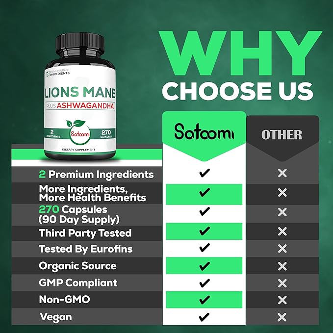 Satoomi Lions Mane Supplement Capsules with Ashwagandha Supplement - 270 Capsules - High Concentrated for Restful Mind, Brain Health, Immune System & Focus Support - Gluten-Free, Non-GMO