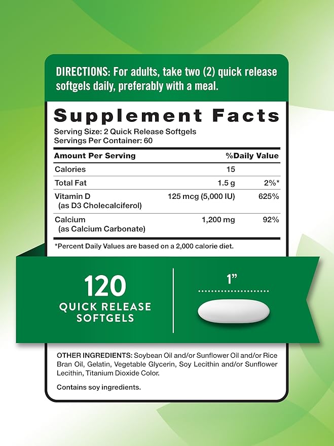 Nature's Truth Absorbable Calcium 1200 mg with Vitamin D3 5000 IU | 120 Softgels | Calcium Carbonate | Non-GMO & Gluten Free Supplement