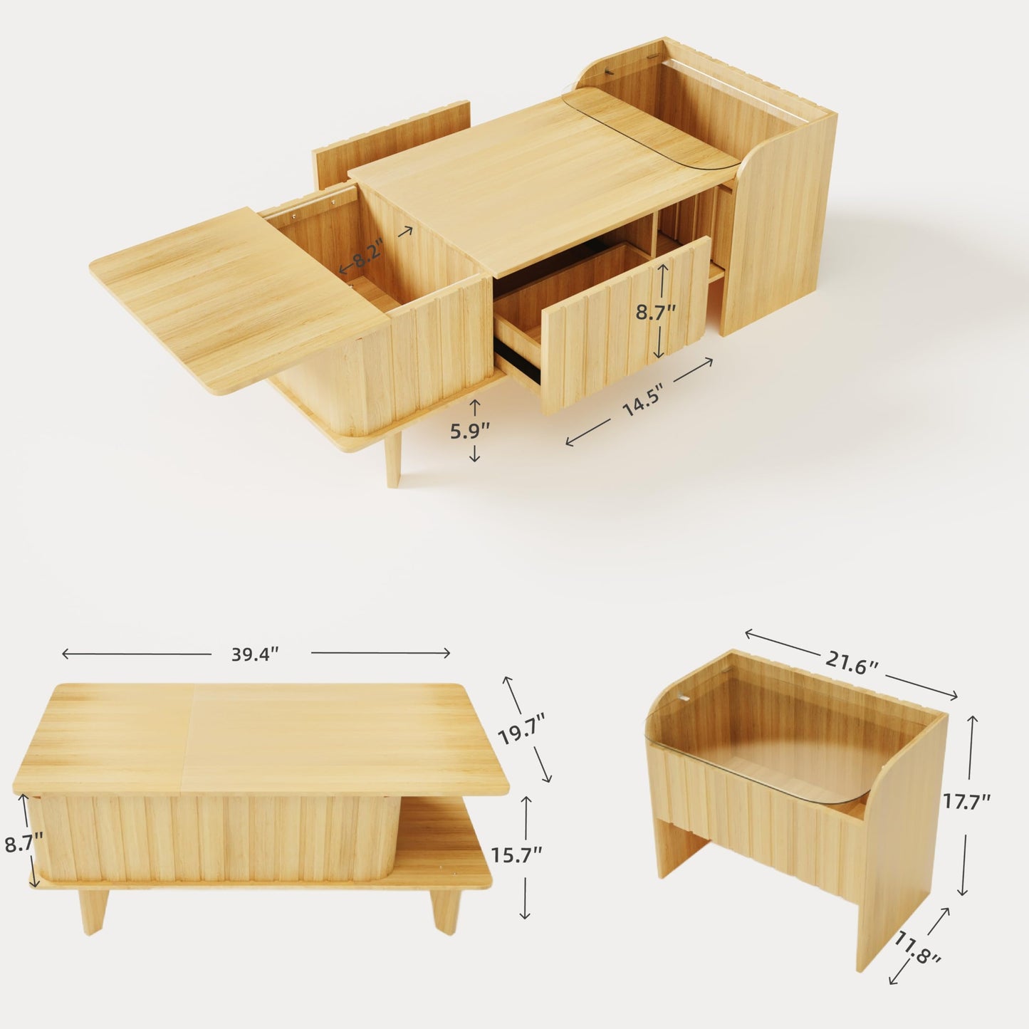 Jartoil Extendable Coffee Table with Storage, Wood Coffee Table with Hidden Compartment, Expandable Coffee Tables with Side Table for Living Home(Natural)