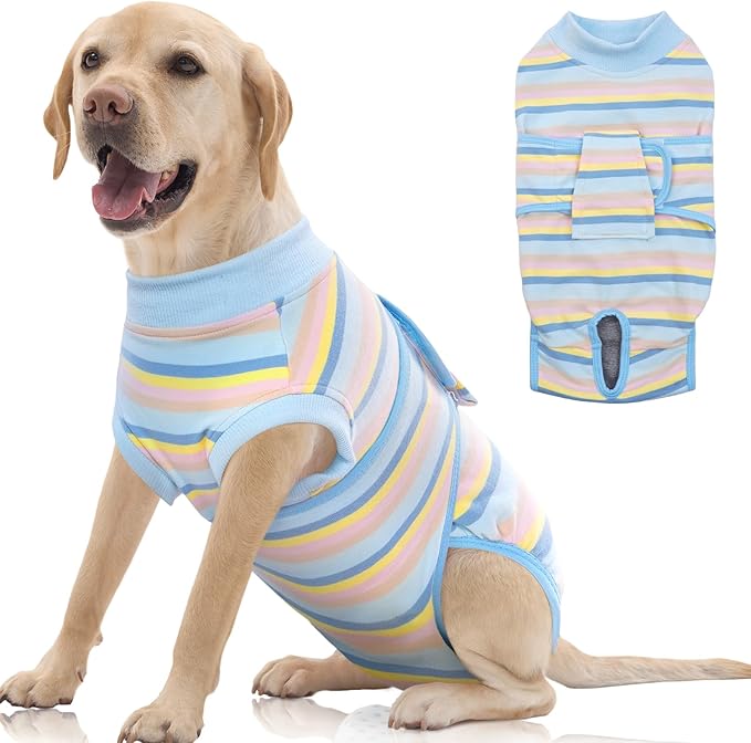 FUAMEY Recovery Suit for Dogs After Surgery,Soft Breathable Dog Bodysuit E-Collar & Cone Alternative Surgical Suit,Male Female Dog Neuter Spay Suits Anti Licking Wounds Onesie Blue Yellow Stripes XXL