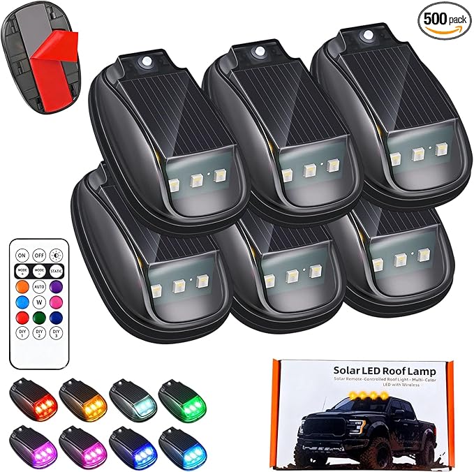 Solar-Powered Car Roof Light – Waterproof, Remote Control & Easy Installation, Solar Car Roof Light Kit, 8 Colors Wireless LED Strobe Lights with Remote Control for Trucks, Motorcycle, Vehicle (6pcs)