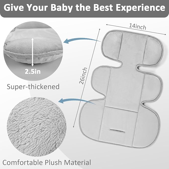 Infant Car Seat Insert Head and Body Support Thickened, GFU 3-in-1Reversible Newborn Insert for Carseat with Strap Pads, Soft Stroller Cushion Pillow Insert for Boys and Girls, Grey