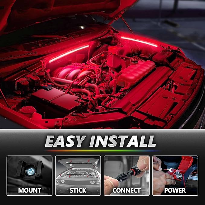OPT7 Aura Pro Engine Bay Lights w/App & Remote Control, 4PCS 12” Waterproof Under Hood LED Light Strip, Exterior Car Neon Accent Lighting Kit, RGB Multicolor Music Sync Accessories for Cars Vans SUVs