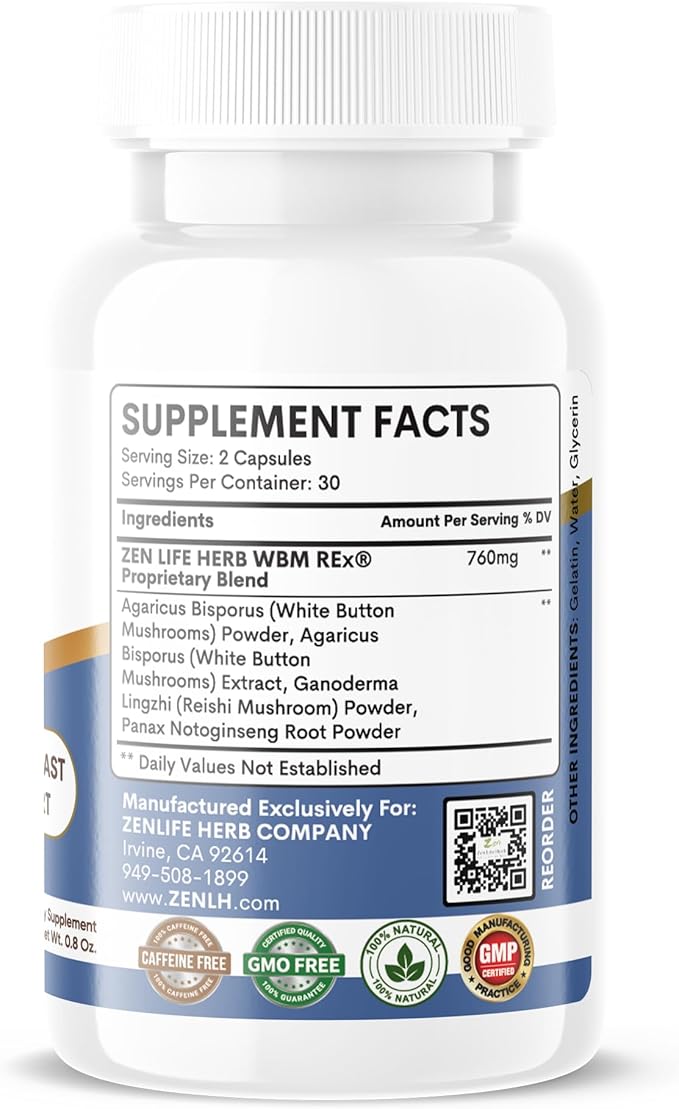 WBM REx White Button Mushrooms Ginseng Plus Clinically Proven Advanced Immune Support for Prostate and Breast Health Supplement (60 Capsules)