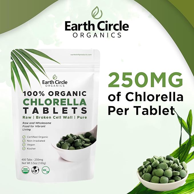 Earth Circle Organics Chlorella 400 Tablets (Pack of 2) and Spirulina Powder 4oz Bundle High Potency Vegan Superfood Supplement Packed with Protein Vitamins & Minerals for Daily Energy and Health