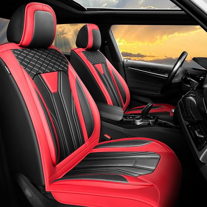 Fit Kona Car Seat Covers for Select Hyundai Kona 2018-2025 2026. Premium Leather, Waterproof， Breathable, Scratch-Resistant & All-Weather Seat Cushion Protector (Full Set, Red&Black)