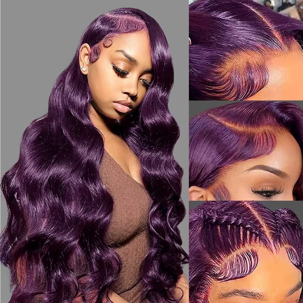 Colorful Bird Dark Purple Human Hair Wig Body Wave Deep Burgundy 13X4 Lace Front Wigs Grape Purple Glueless Wigs 180% Density Fo