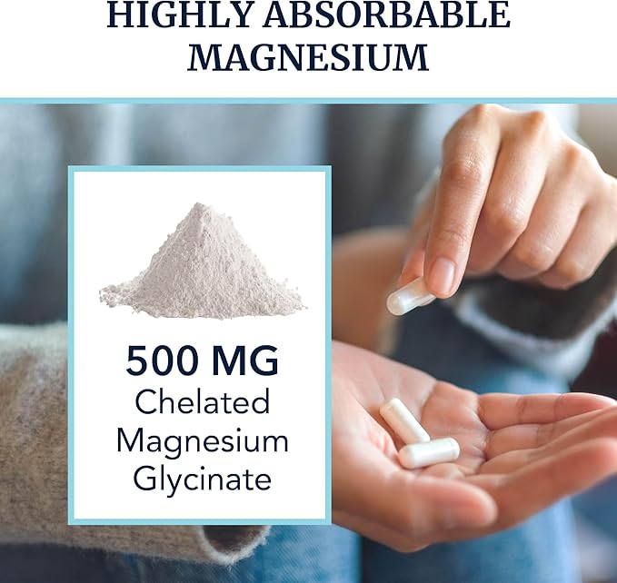 Magnesium Glycinate 500mg | Chelated for High Absorption | Muscle Relaxation, Bones, Heart, Nerve, Sleep & Calm Support for Women & Men | Magnesium Chelate Supplement & Bisglycinate Complex | 240ct