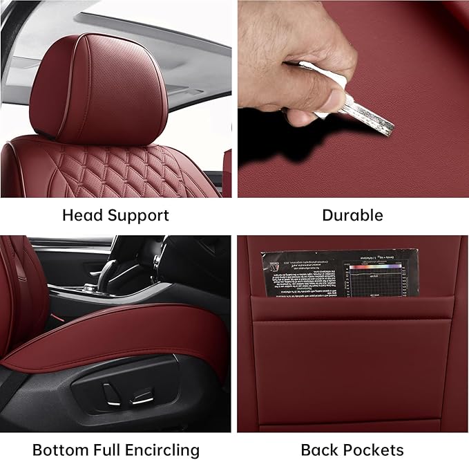 Car Seat Covers Front Seats Burgundy, Luxury Faux Leather Women Waterproof Non-Slip Seat Protector Universal Fit for Most Cars SUVs Trucks Pick-ups Car Accessories Interio(Wine Red-Front Seats)