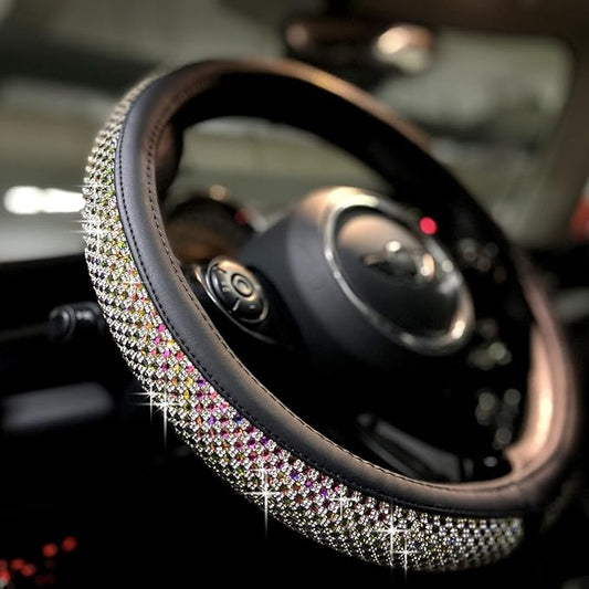 PINCTROT Large Size Bling Comfy Steering Wheel Cover with Jumbo Crystal Rhinestones, Anti-Slip Diamond Leather, 15.5-15.75 Inch (Colorful)