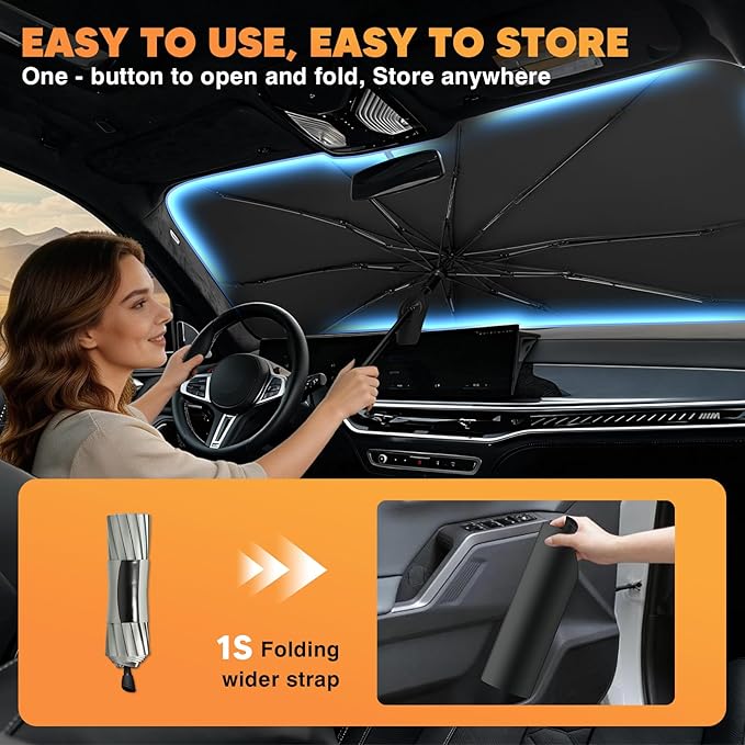 KUST Custom Fit Windshield Sun Shade Umbrella for Toyota Sienna 2021-2025 2026 | Foldable Sunshade with Bendable Handle | Blocks Heat & UV Scratch Resistant Keep Cool Sunshield