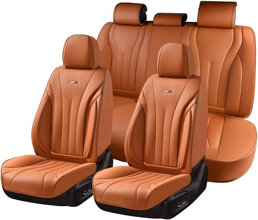 Coverado Brown Seat Covers Full Set, Luxury Leather Seat Covers for Cars, Automotive Seat Covers, Waterproof Car Seat Protector, Front and Back Car Seat Cushions Universal Fit for Most Cars