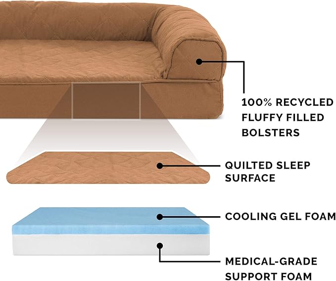 Furhaven Cooling Gel Dog Bed for Large Dogs w/ Removable Bolsters & Washable Cover, For Dogs Up to 125 lbs - Quilted Sofa - Toasted Brown, Jumbo Plus/XXL