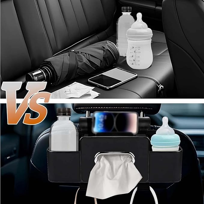 3-in-1 Car Backseat Organizer, 2026 Upgraded Multifunctional Car Seat Back Storage Box, Backseat Car Organizer with 2 Cup Holders, Tissue Box & Hooks, Universal Car Essentials (2Pack C)