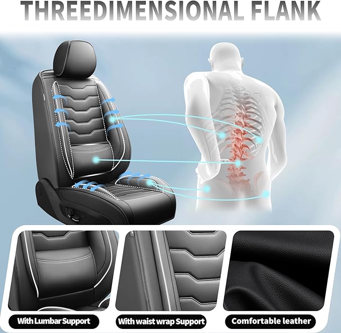 Fit Kona Car Seat Covers for Select Hyundai Kona 2018-2025 2026. Premium Leather, Waterproof， Breathable, Scratch-Resistant & All-Weather Seat Cushion Protector (Full Set, White Line Black)