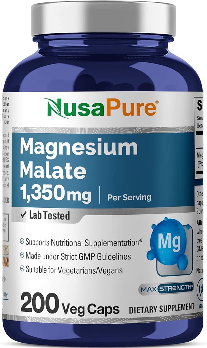NusaPure Magnesium Malate 1350mg 200 Veggie Capsules (Vegan, Non-GMO, Vegan)
