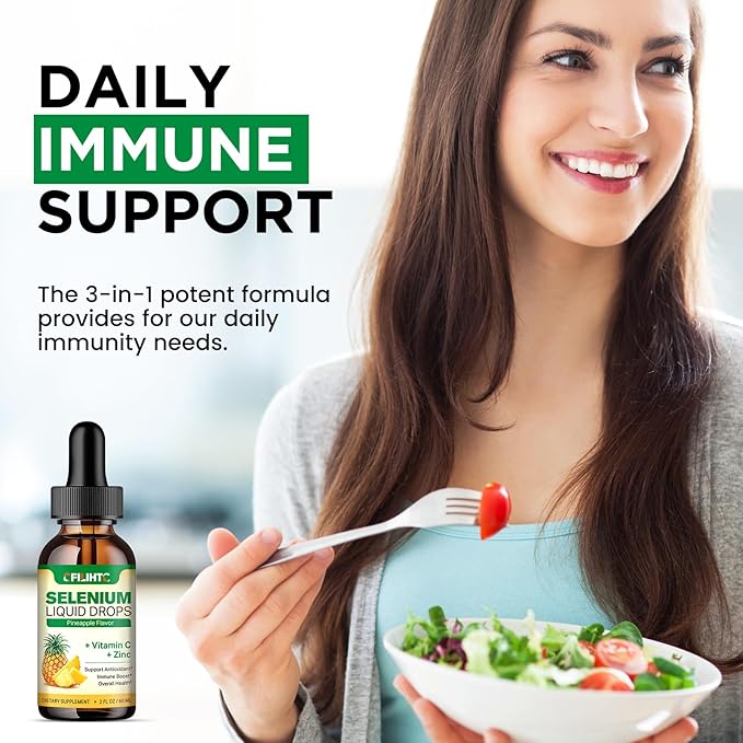 Selenium Liquid Drops, 200mcg Liquid Selenium Supplement with Vitamin C & Zinc, Support for Immune System, Antioxidant & Heart Health, High Absorption, Pineapple Flavor, 2 Fl Oz