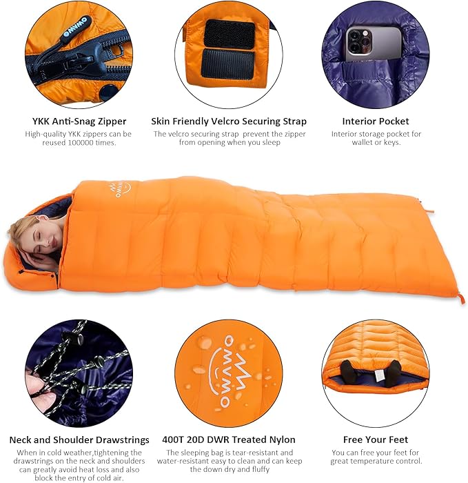 0 20 Degrees F Down Sleeping Bag for Adults,4 Season Cold Weather Rectangle Wearable Down Sleeping Bag for Camping Hiking,Can be Used as Blanket Quilt or Cloak,with Mesh Sack Buckle Strap