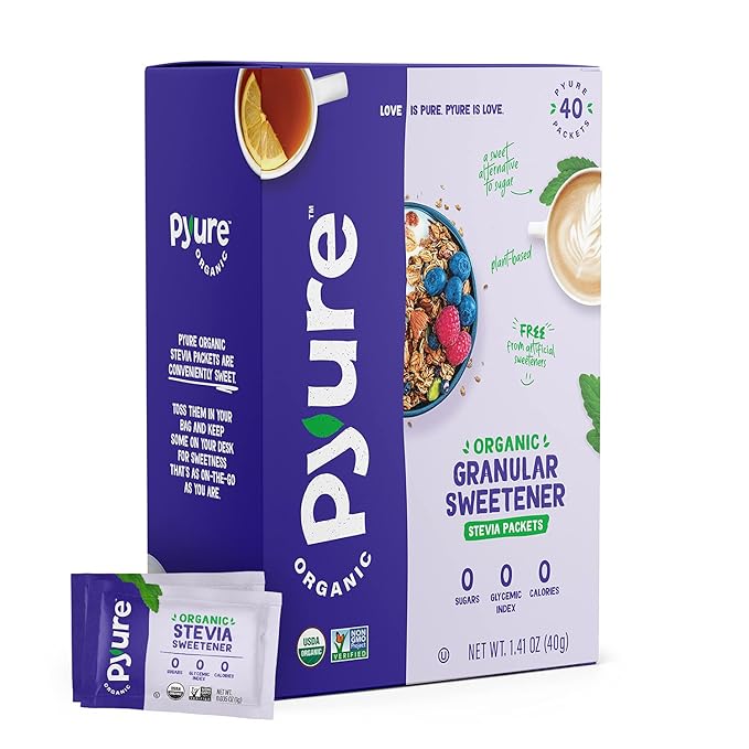 Pyure Organic Stevia Packets | Granulated Sugar Packets - White Sugar Substitute | Zero Carb, Zero Sugar, Zero Calorie Sweetener Packets | Plant-Based Stevia Packets for Keto Coffee | 40 Count