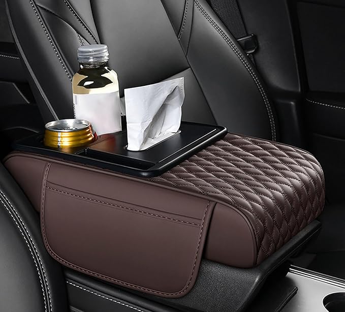 Car Armrest Center Console Cover for Ford Maverick 2022–2025, Center Console Pad with Cup Holder, Multifunctional Armrest Cushion,C Coffee