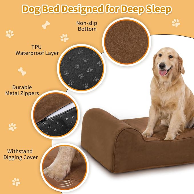 Orthopedic Dog Beds for Large Dogs, 7" Memory Foam Dog Beds with Waterproof Liner, Chew Proof Microsuede Cover, Removable and Washable, Nonskid Bottom, 60"x48" XXL Brown