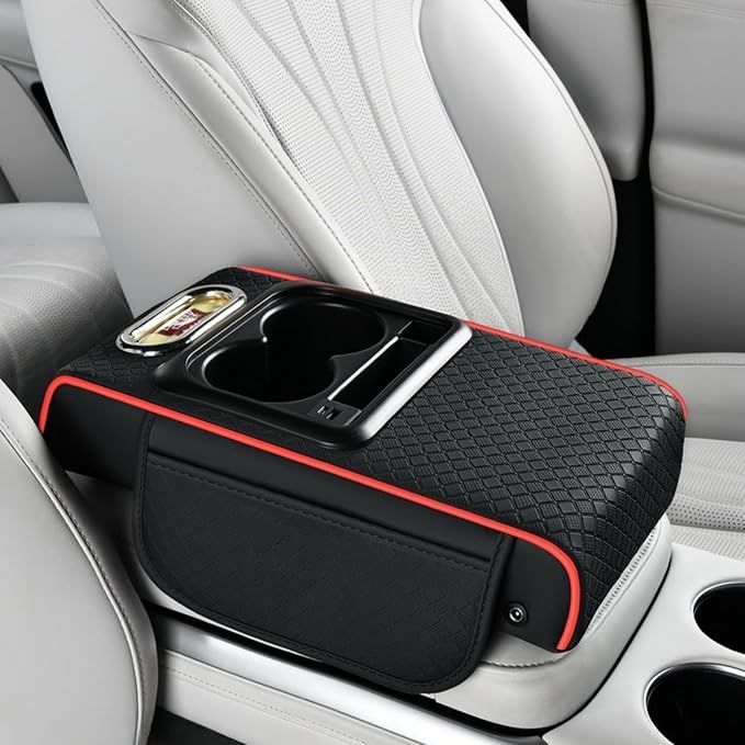 2026 Upgraded Car Center Console Cushion with 30w USB& Type-C Charging Ports, Leather Car Armrest Pad Cover, Interior Accessories for Most Vehicles (Classic Flat Version, Black-Red line)