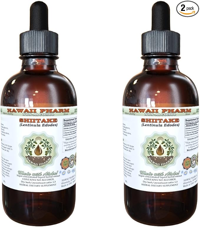 Shiitake Alcohol-Free Liquid Extract, Organic Shiitake (Lentinula Edodes) Dried Mushroom Glycerite Natural Herbal Supplement, Hawaii Pharm, USA 2x2 fl.oz