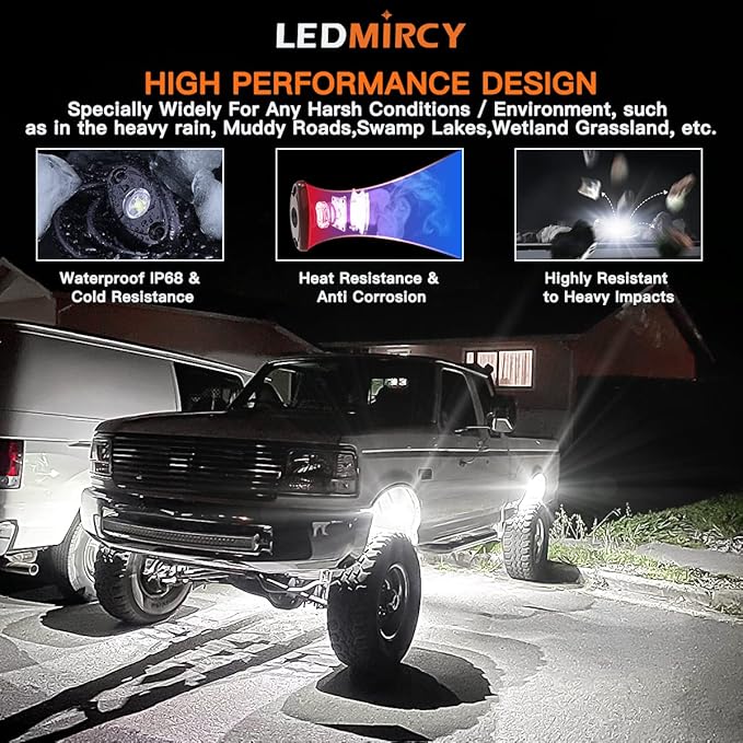 LEDMIRCY LED Rock Lights White 2PCS for Off Road Truck Auto Car Boat ATV SUV RZR Waterproof High Power Neon Trail Rig Lights Shockproof(Pack of 2,White)