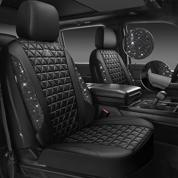 CAR PASS Bling Diamond Black Leather Car Seat Covers Full Sets Interior Sets, Waterproof Shining Glitter Sparkly Crystal Universal Armrest Fit Automotive Truck SUV Cute Women Girl, Black PU Rhinestone