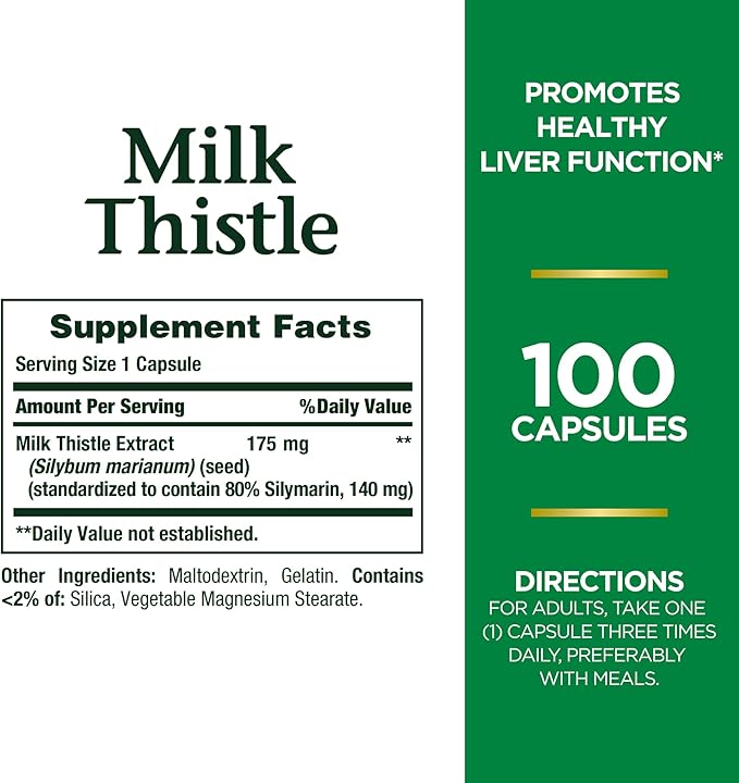 Nature's Bounty Milk Thistle, Herbal Health Supplement, Supports Liver Health, 175mg, 100 Softgels (Pack of 2)