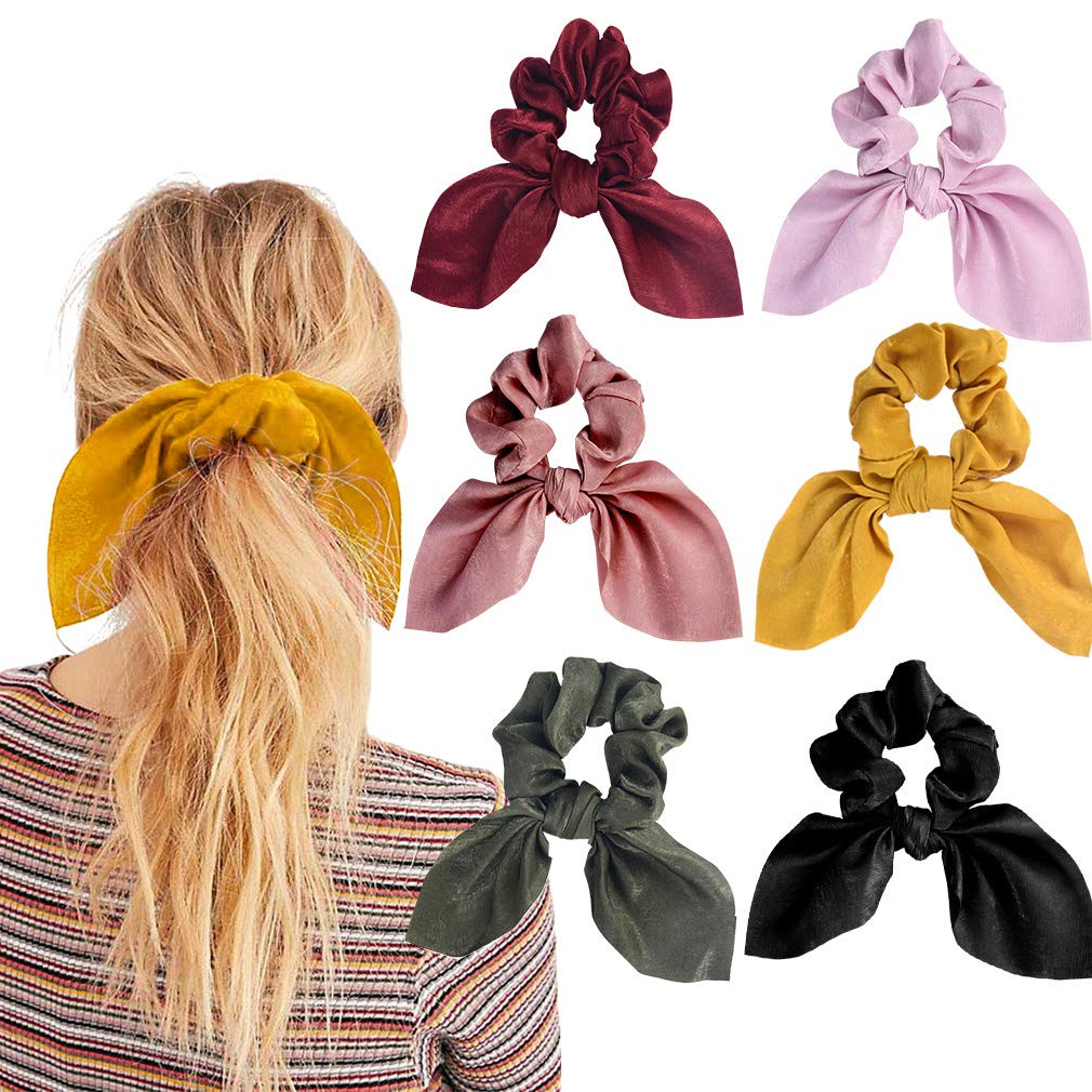 Aileam 6Pcs Hair Scrunchies Satin Silkrabbit Bunny Ear Bow Bowknot Scrunchie Bobbles Elastic Hair Ties Bands Ponytail Holder For