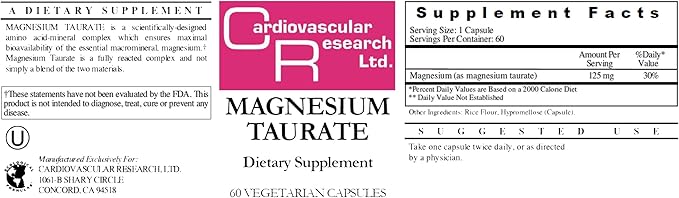 Cardiovascular Research Magnesium Taurate 125 mg New Tamper Resistant Ship Box 60 Count