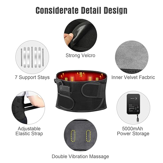 Heated Back Brace with Massage, Rechargeable Heating Pad for Back Pain Relief, Adjustable Back Support Belt with Heat Therapy and Vibration Massager for Men and Women, L