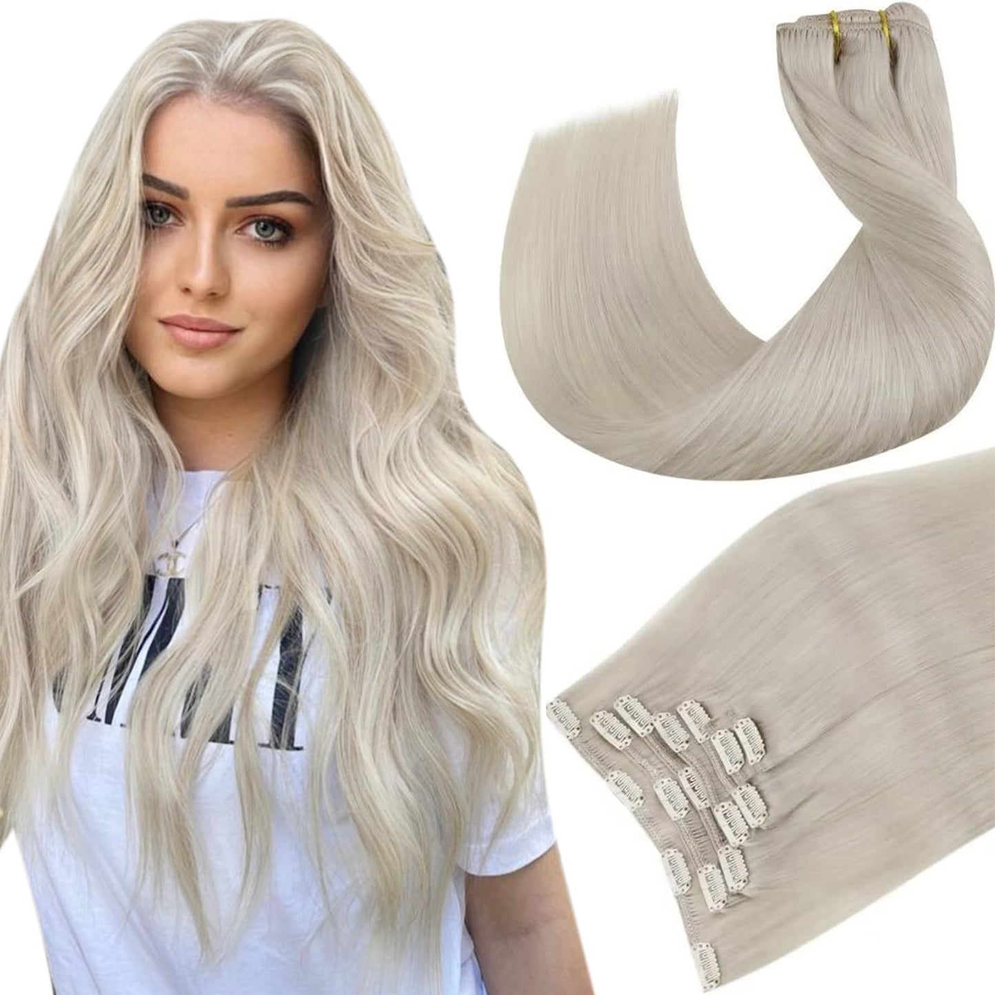 Hetto Blonde Hair Extensions Clip In Human Hair 12Inch Full Head Clip On Hair Pieces 7Pcs 80G #60 Platinum Blonde Clip In Hair E