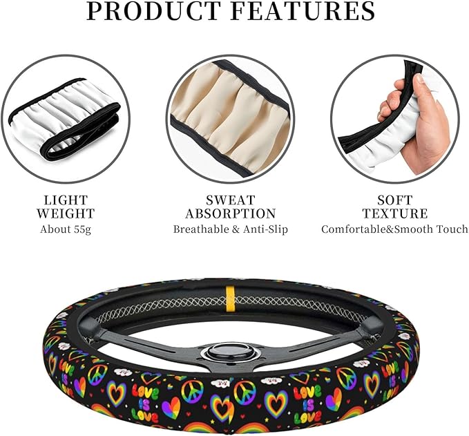 LGBTQ Pride Rainbow Heart Steering Wheel Cover for Women Elastic Rubber Steering Wheel Universal 15 Inch Fit for Cars, Auto, SUVs