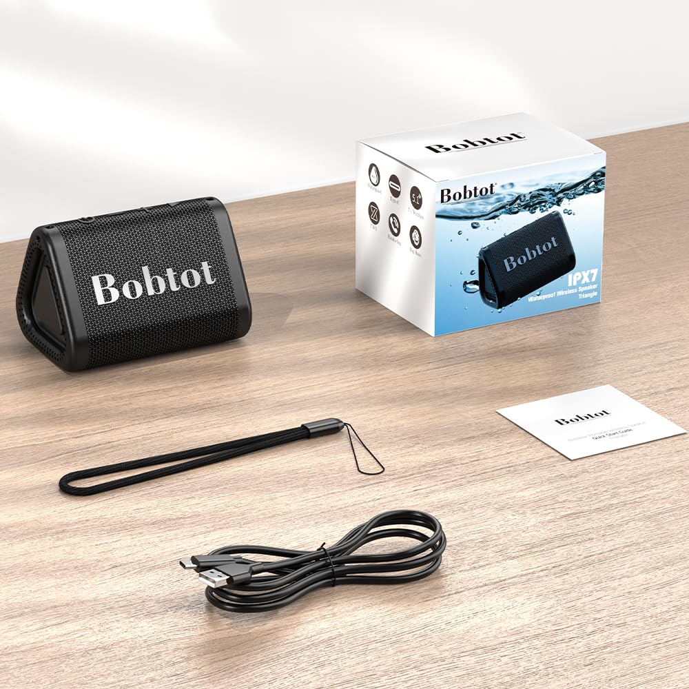 Bobtot Portable Bluetooth Speaker Wireless, IPX7 Small Shower Speaker Waterproof, 15H Playing Time, Loud and Stereo Sound with Bass, TWS Pairing for Party, Camping, Travel, Black