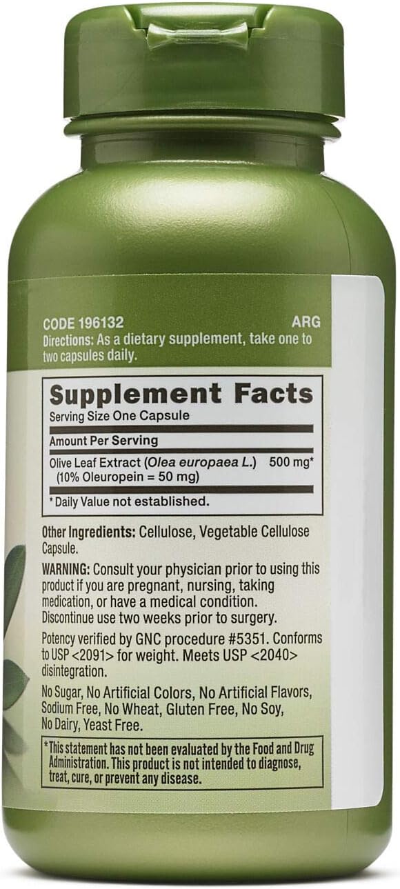 GNC Herbal Plus Olive Leaf 500mg Supplement, Vegetarian, Supports General Well-Being, 100 Servings