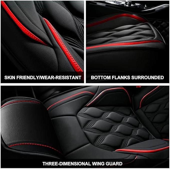 AOMSAZTO Full Set Car Seat Covers Fit for Ford Focus 2009-2018 Leather Automotive Cushion Waterproof Covers Seat Protector with Airbag Compatible (5Seats,Black&Red Line)