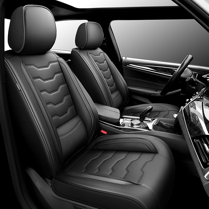 Fit Versa Car Seat Covers Compatible with Nissan Versa 2008-2025 2026 - Premium Leather， Waterproof Breathable， All-Weather Seat Cushion Protecto&Airbag Compatible (2 Front Seat Black)