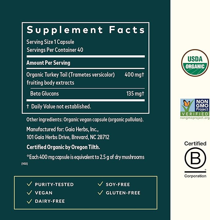 Gaia Herbs Turkey Tail Mushroom - Immune Support Supplement to Help Maintain Liver Health - with Organic Turkey Tail Mushroom Fruiting Body Extract - 40 Vegan Capsules