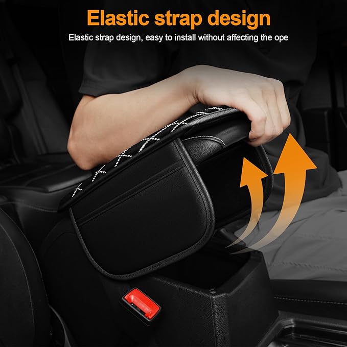 Bling Armrest Cover for Car Compatible with Jeep Grand Cherokee - Center Console Cover with 2 Storage Pockets and Crystal Diamond(Black)