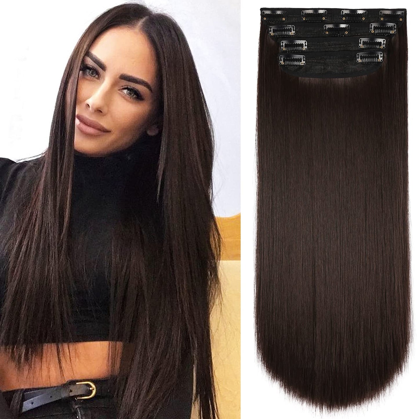 4Pcs Hair Extensions Clip In Brown Black Clip In Hair Extensions For Women Straight Hair Extensions Long 20 Inches(4Pcs, 20Inch,