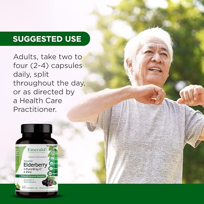 EMERALD LABS Elderberry Plus - Digestive & Immune Support with European Elderberry Extract, Vitamin C as PureWay-C & Albion Chelated Zinc - Vegan & Gluten-Free - 60 Vegetable Capsules (30-Day Supply)