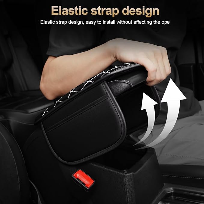 Bling Center Console Cover with 2 Side Pockets Fit for Highlander Multi-Functional Car Armrest Cushion Diamond-Studded Rhombus Pattern Style(Black&Silver Diamond)