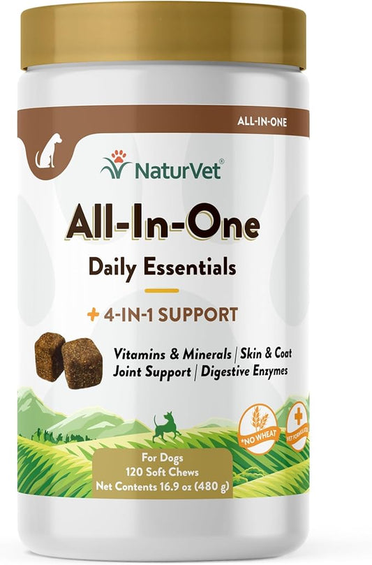 NaturVet All-in-One Dog Supplement - for Joint Support, Digestion, Skin, Coat Care – Dog Multivitamins with Minerals, Omega-3, 6, 9 – Wheat-Free Vitamins for Dogs – 120 Soft Chews